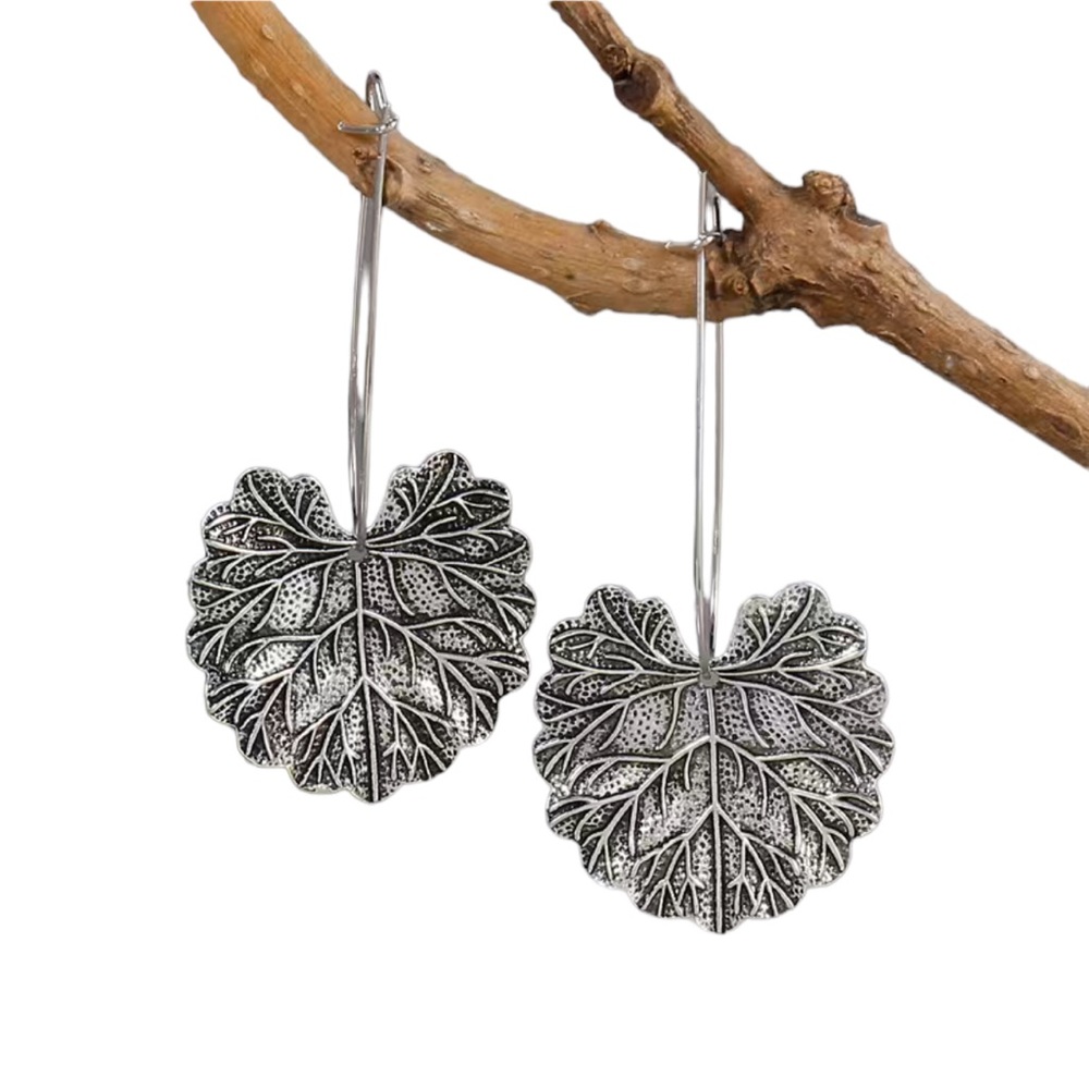 Vintage Boho Silver Hand Carved Leaf Drop Style Earrings